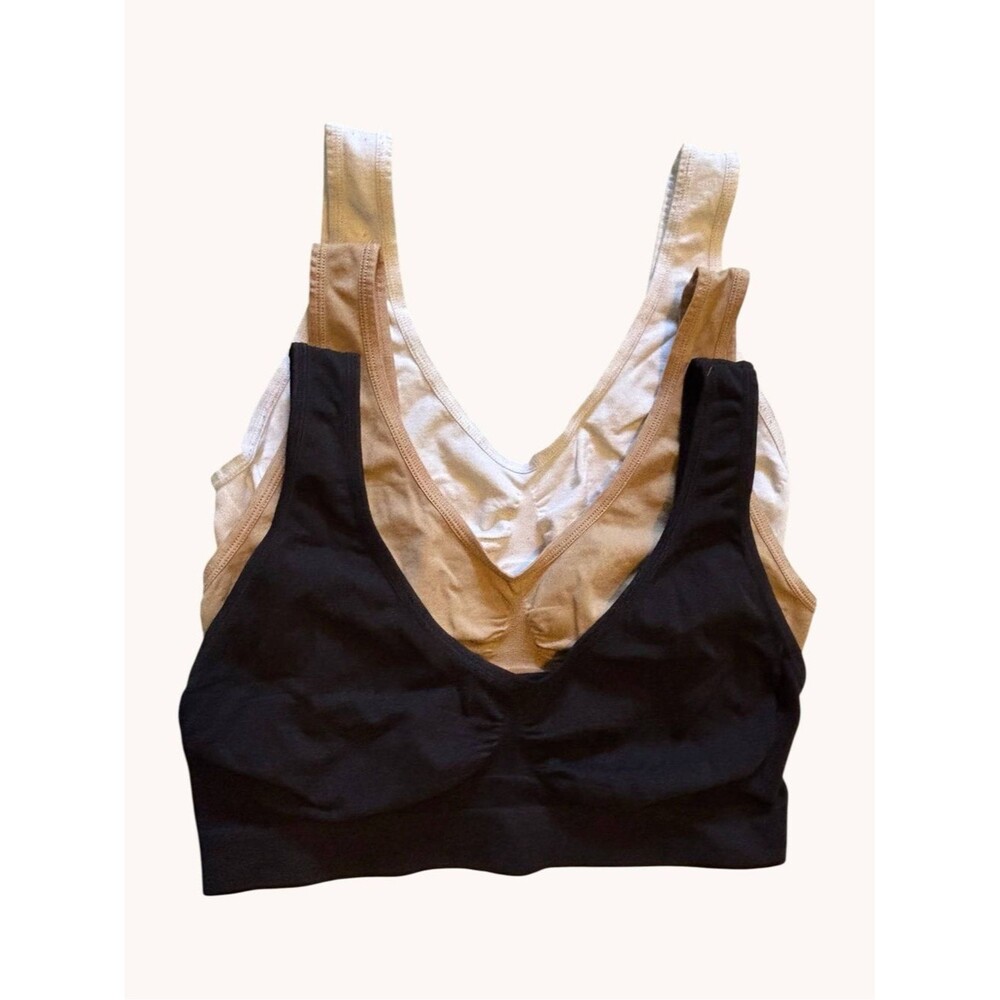 Genie Seamless V-Neck Comfort Bralette Trio - White, Tan, Black 3 pack Medium or